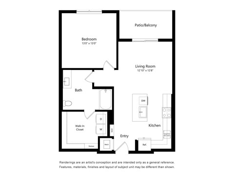 A floor plan of a small apartment with a bedroom, living room, kitchen, and bathroom.